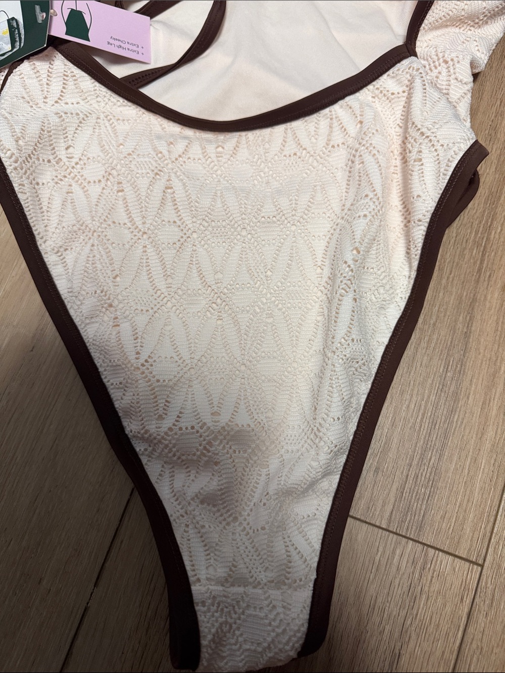 Wild fable NWTS ( M ) CREAM lacey Textured BROWN TRIM SEXY One-Piece Swimsuit - Picture 8 of 9